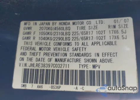 2007 Honda Cr-V Lx z USA, uszkodzony, nr VIN JHLRE38397C032711